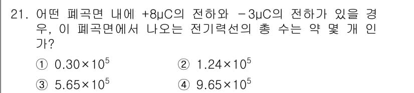 전자산업기사 2019년 21번 - 주어진 문제에서 전기력선의 총 수는 전하의 합에 비례합니다. +80μC와... 에 관한 핵심 기출문제