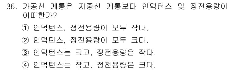 전기기사_필기 2019년 36번 - 가공선 계통은 지중선 계통보다 인덕턴스가 작고 정전용량이 크다. 이는 지... 에 관한 핵심 기출문제