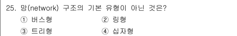 컴퓨터시스템기사(A형) 2019년 25번 - 망의 기본 구조 유형에는 버스형, 링형, 트리형이 포함되며, 이들은 각각... 에 관한 핵심 기출문제
