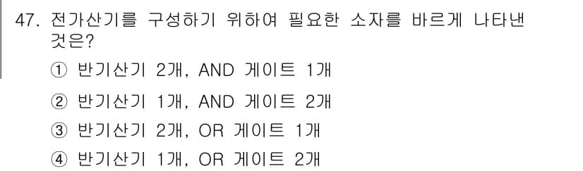 컴퓨터시스템기사(A형) 2019년 47번 - 전가산기를 구성하기 위해서는 세 가지 입력(두 개의 비트와 하나의 캐리 ... 에 관한 핵심 기출문제