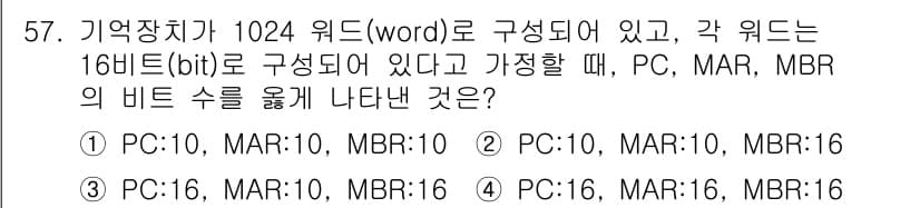 컴퓨터시스템기사(A형) 2019년 57번 - 기억장치가 1024 워드로 구성되며, 각 워드가 16비트인 경우, 주소는... 에 관한 핵심 기출문제