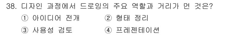 컬러리스트산업기사 2019년 38번 - 정답은 3번 '사용성 검토'입니다. 디자인 과정에서 드로잉은 사용자 경험... 에 관한 핵심 기출문제