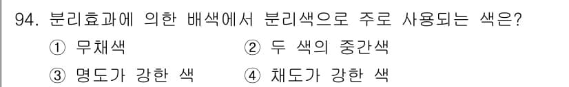 컬러리스트산업기사 2019년 94번 - . 무채색

해설: 분리효과에 의한 배색에서 무채색은 다른 색상과의 대비... 에 관한 핵심 기출문제