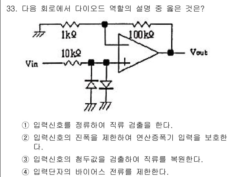 의공기사 2019년 33번 - . 

다이오드는 입력 신호의 부하를 안정적으로 감지하여 직류 전압을 보... 에 관한 핵심 기출문제