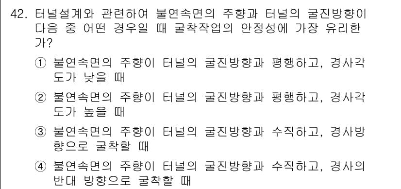 화약류관리기사 2019년 42번 - 정답 3번은 불연속면의 주향이 터널의 굴진방향과 평행하고, 경사각도가 낮... 에 관한 핵심 기출문제