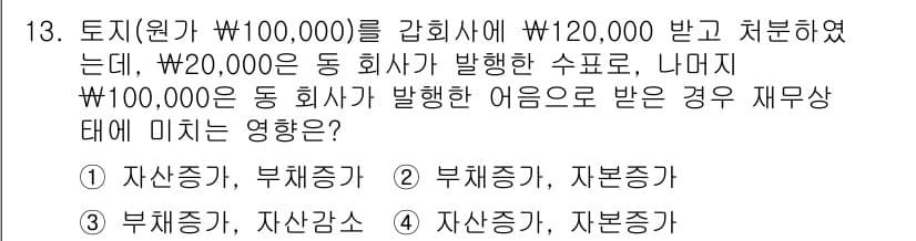 전산회계운용사_3급 2019년 13번 - 정답 4번은 자산감소로, 이 경우 100,000원의 부채가 감면되면서 회... 에 관한 핵심 기출문제