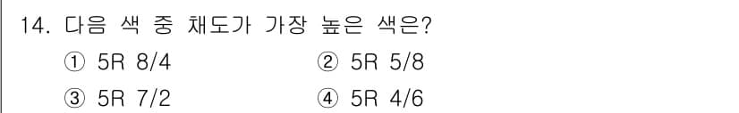 시각디자인산업기사 2019년 14번 - . 

색채체계에서 5R 5/8은 명도와 채도가 가장 높고, 따라서 가장... 에 관한 핵심 기출문제