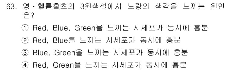 컬러리스트기사 2019년 63번 - 색상 혼합에서 Red와 Green이 조합될 경우 시세포가 동시에 흥분하여... 에 관한 핵심 기출문제