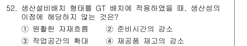 품질경영기사 2018년 53번 - . 재고품 재고의 감소

해설: GT 배치 시스템은 작업 공간의 효율성을... 에 관한 핵심 기출문제