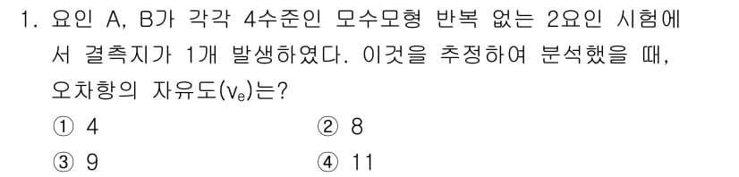 품질경영기사 2019년 1번 - 문제의 조건에서 두 개의 4수준 모수형 반응이 있으므로, 전체 자유도는 ... 에 관한 핵심 기출문제