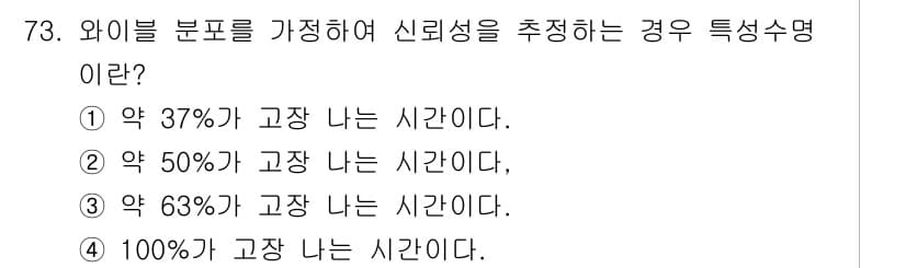 품질경영기사 2019년 73번 - 와이블 분포에서 63.2%의 확률은 평균 수명(고장 나는 시간)을 연관시... 에 관한 핵심 기출문제