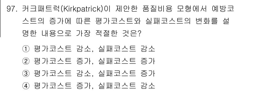 품질경영기사 2019년 97번 - Kirkpatrick의 모형에서 평가코스트의 증가는 일반적으로 실페코스트... 에 관한 핵심 기출문제