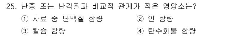 축산산업기사 2019년 25번 - . 탄수화물 함량

난중 또는 난각질과 비교적 적은 관계를 가지는 영양소... 에 관한 핵심 기출문제