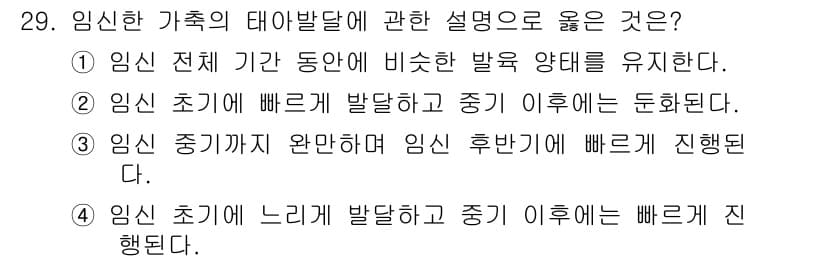 축산산업기사 2019년 29번 - 임신 중기까지는 태아가 원활하게 성장할 수 있도록 빠른 발달이 이루어지며... 에 관한 핵심 기출문제