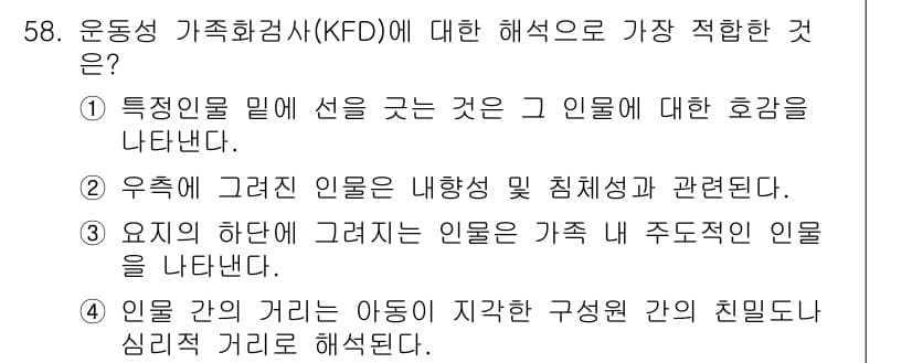 임상심리사_1급 2016년 58번 - 운동성 가족검사(KFD)는 가족 구성원의 정서적 거리감을 이해하고, 개인... 에 관한 핵심 기출문제