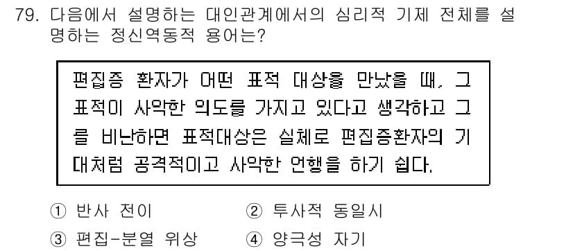 임상심리사_1급 2016년 79번 - 정답 2번은 편집증 환자가 특정 대상을 만났을 때, 그 대상에 대한 부정... 에 관한 핵심 기출문제