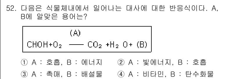 해양조사산업기사 2015년 52번 - A와 B는 식물의 광합성 과정에서 생성되는 물질로, A는 포도당(CH₆H... 에 관한 핵심 기출문제
