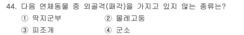 해양조사산업기사 2018년 44번 - 정답은 4번 군소입니다. 군소는 외골격이 없고 연체동물의 일종으로, 다른... 에 관한 핵심 기출문제