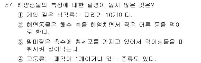 해양조사산업기사 2018년 57번 - 해양생물의 특징 중 "고등동물은 패각이 1개이거나 없는 종류로 존재한다"... 에 관한 핵심 기출문제