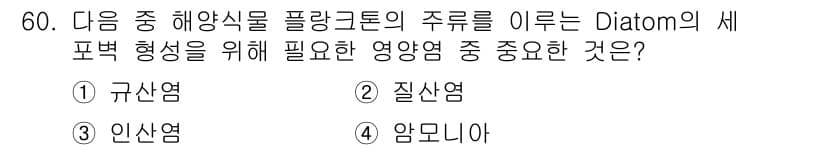 해양조사산업기사 2018년 60번 - . 규산염  
규산염은 다이아톰의 세포벽 형성을 위해 필요한 주요 성분입... 에 관한 핵심 기출문제