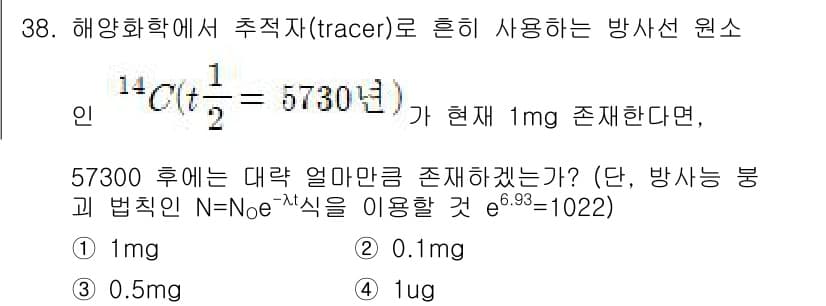 해양조사산업기사 2019년 38번 - 정답은 4. 1µg이다. 방사선 붕괴 법칙에 따라 시간에 따라 남아 있는... 에 관한 핵심 기출문제