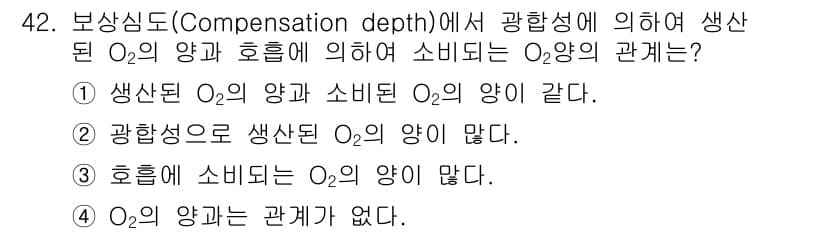 해양조사산업기사 2019년 42번 - 보상심도에서 생산된 O₂의 양과 소비되는 O₂의 양은 서로 관련이 있습니... 에 관한 핵심 기출문제
