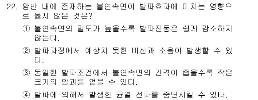 화약류관리산업기사 2016년 22번 - .  

불연속면의 일도는 발화진동을 쉽게 감소시키지 않기 때문에 불연속... 에 관한 핵심 기출문제