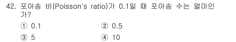 화약류관리산업기사 2016년 42번 - 포아송 비(ν)가 0.1일 때, 포아송 수(μ)는 일반적으로 ν = μ/... 에 관한 핵심 기출문제