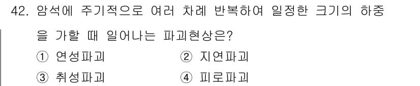 화약류관리산업기사 2019년 42번 - 정답은 4번, 피로파괴입니다. 피로파괴는 반복 하중이 가해질 때 재료가 ... 에 관한 핵심 기출문제