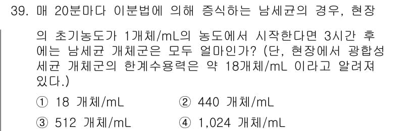 자연생태복원산업기사 2015년 39번 - 문제의 조건에 따르면, 남세균의 초기 농도는 1개체/mL로 시작하여 3시... 에 관한 핵심 기출문제