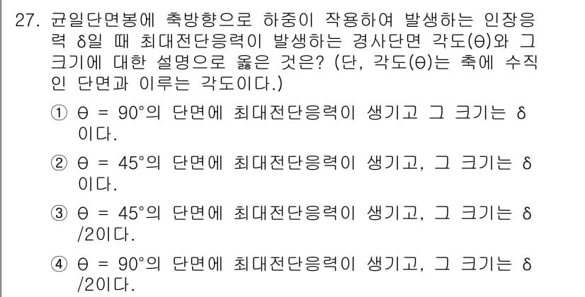 건설기계설비산업기사 2016년 27번 - 문제에서 주어진 조건에 따르면, 각도와 최대전단응력의 관계를 분석해야 합... 에 관한 핵심 기출문제