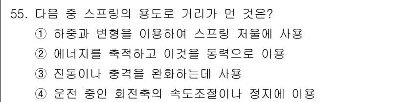 건설기계설비산업기사 2018년 55번 - 스프링의 용도는 주로 하중의 변화에 따라 변형되어 에너지를 저장하고 방출... 에 관한 핵심 기출문제