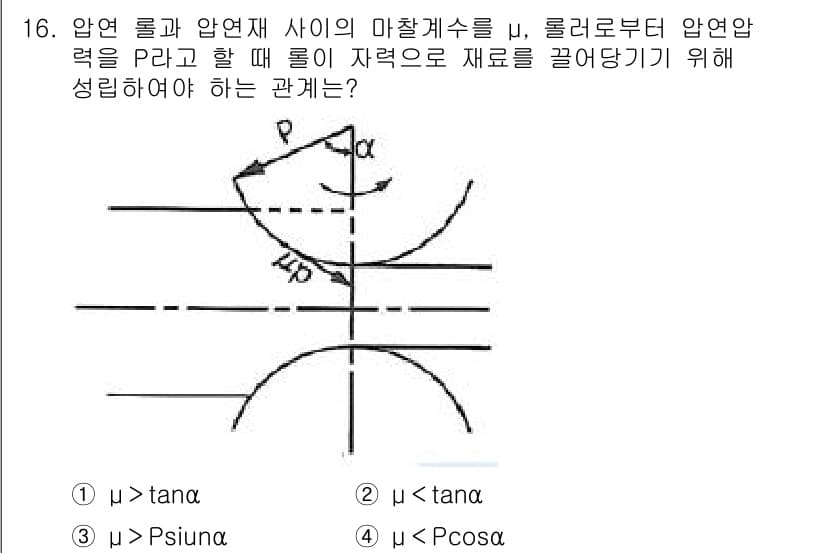 건설기계설비산업기사 2019년 16번 - 압력 P와 마찰계수 μ의 관계는 물체가 마찰로 인해 움직이지 않기 위해 ... 에 관한 핵심 기출문제