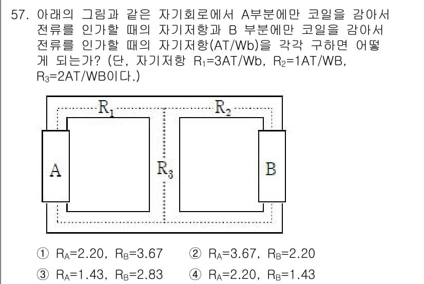 전기철도기사 2015년 57번 - 주어진 회로에서 A 부문에만 코일을 감았을 때, 자계의 세기는 R3의 영... 에 관한 핵심 기출문제