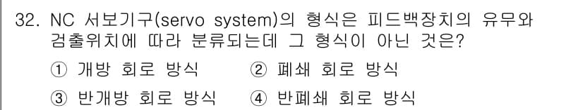 기계설계기사 2015년 32번 - NC 서보기계의 형식은 일반적으로 개방 및 폐쇄 회로로 구분되며, 이 중... 에 관한 핵심 기출문제