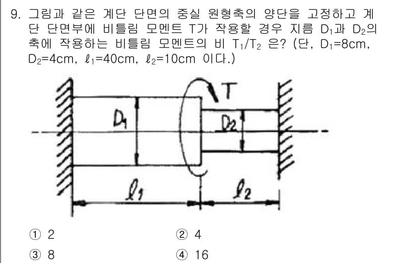 기계설계기사 2015년 9번 - 문제에서 비틀림 모멘트의 비를 구하기 위해 비틀림 강도를 활용합니다. 각... 에 관한 핵심 기출문제