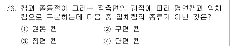 기계설계기사 2016년 76번 - 입체캠의 종류는 접촉면의 계층에 따라 구분되며, 원통 캠과 정면 캠, 단... 에 관한 핵심 기출문제