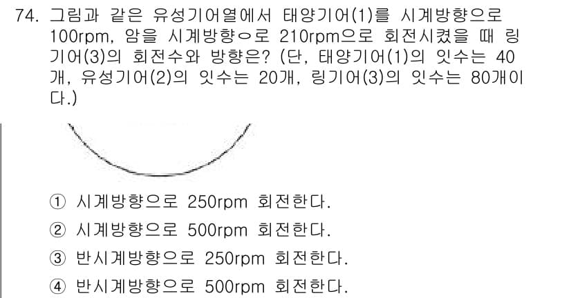 기계설계기사 2019년 74번 - 주어진 문제에서 태양광 발전소의 회전수는 40개이며, 유성기어의 물리는 ... 에 관한 핵심 기출문제