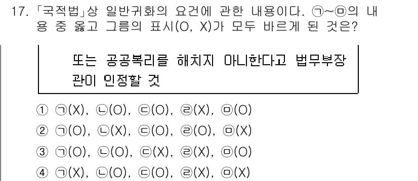 경찰공무원(순경)_경찰학개론 2019년 17번 - '국적법' 상 일반귀화의 요건은 특정 조건을 충족해야 하는데, 제공된 문... 에 관한 핵심 기출문제