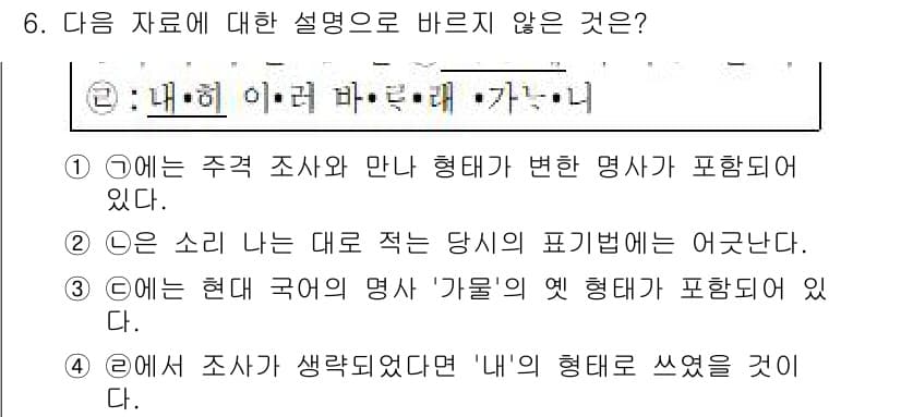 경찰공무원(순경)_국어 2016년 6번 - 번. 

해설: 1번 항목은 "주격 조사와 만날 형태가 변한 명사가 포함... 에 관한 핵심 기출문제