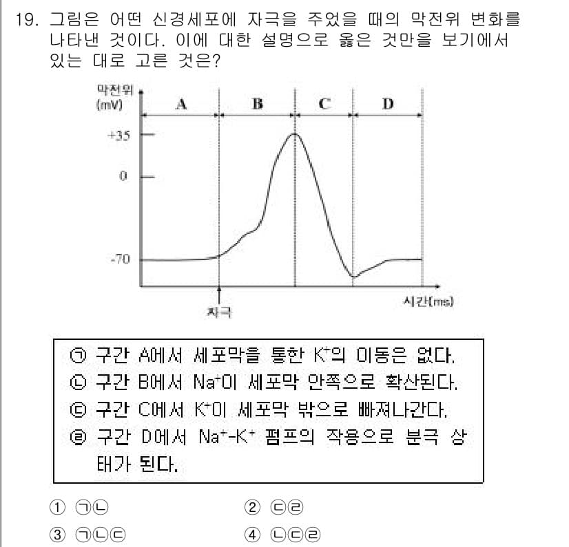 경찰공무원(순경)_과학 2017년 19번 - 문제에서 물어본 것은 신경세포의 자극에 대한 반응을 설명하는 것으로, 각... 에 관한 핵심 기출문제