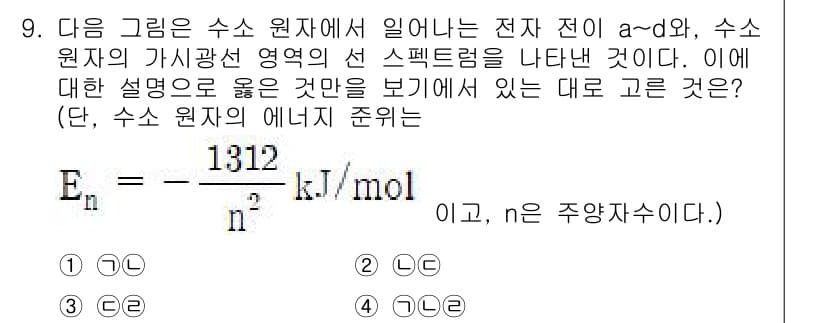 경찰공무원(순경)_과학 2018년 9번 - 정답 4번은 전자의 에너지 준위가 수소 원자에서 주양자 수 \( n \)... 에 관한 핵심 기출문제