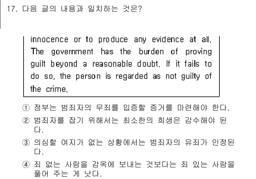 경찰공무원(순경)_영어 2015년 17번 - 이는 범죄의 유죄를 입증할 책임이 정부에 있으며, 정부가 이를 실패할 경... 에 관한 핵심 기출문제