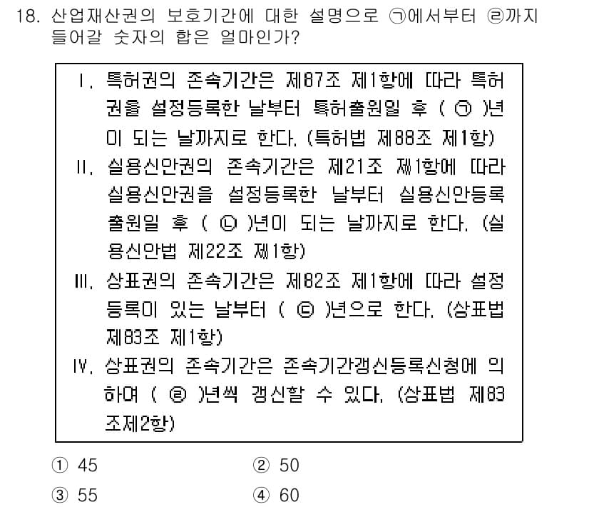 경찰공무원(순경)_수사 2017년 18번 - 산업재산권의 보호기간은 각 특허권에 따라 다르며, 특히 상표권은 사용하지... 에 관한 핵심 기출문제