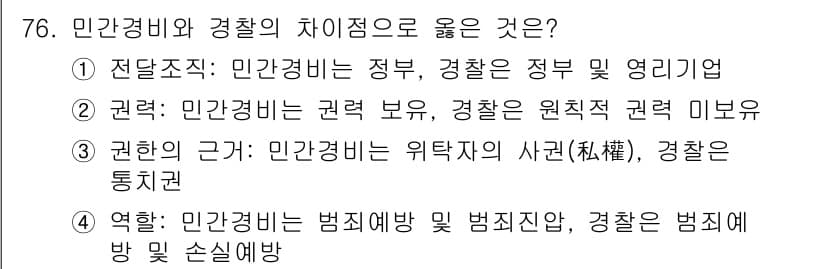 경비지도사_1차(법학개론,민간경비론) 2016년 76번 - 정답과 핵심 포인트를 검수 중인 기출문제