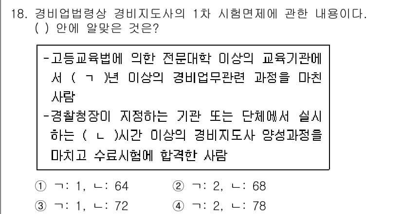 경비지도사_2차(경비업법) 2017년 18번 - 경비지도사의 1차 시험에서는 고등교육법에 따른 교육기관에서 정해진 경비업... 에 관한 핵심 기출문제