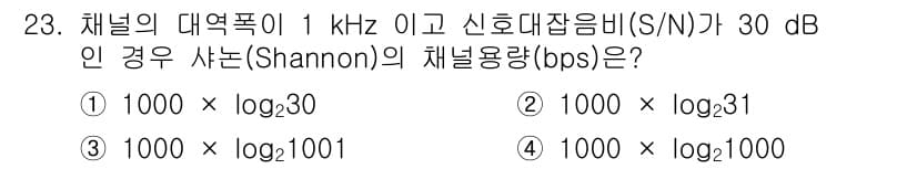 경비지도사_2차(기계경비기획및설계) 2016년 23번 - 채널의 대역폭이 1 kHz이고 신호대잡음비(S/N)가 30 dB일 경우,... 에 관한 핵심 기출문제