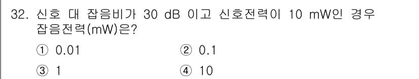 경비지도사_2차(기계경비기획및설계) 2019년 32번 - 신호 대 잡음비(SNR)가 30 dB일 때, dB는 로그 스케일이므로 신... 에 관한 핵심 기출문제