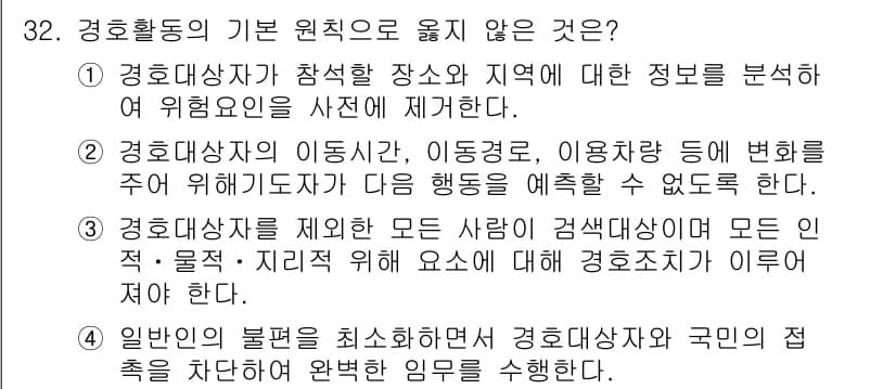 경비지도사_2차(경호학) 2019년 32번 - 정답과 핵심 포인트를 검수 중인 기출문제