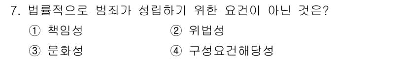경비지도사_2차(범죄학) 2015년 7번 - 법률적으로 범죄가 성립하기 위한 요건으로는 책임성, 위법성, 구성요건 해... 에 관한 핵심 기출문제